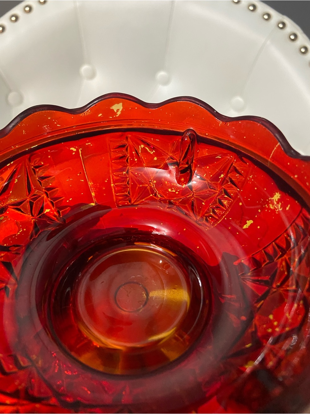 Vintage INDIANA GLASS Fairy Lamp Ruby Flash Red over Amber STARS & BARS - Picture 8 of 17